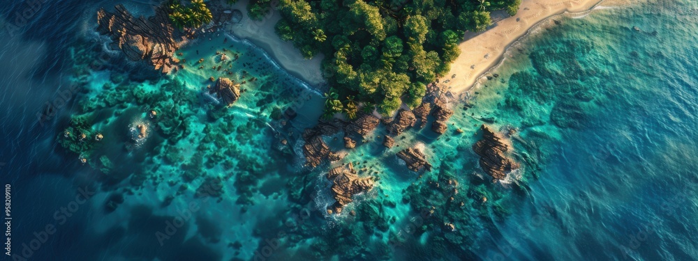 Fototapeta premium Islands with pristine white sand beaches and crystal clear blue waters, this scene is illuminated by the sunlight during sunset.