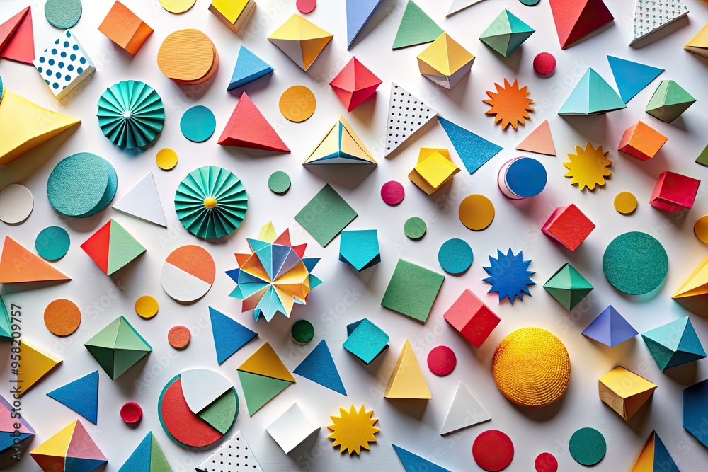 Fototapeta premium whimsical geometric paper cutouts with bold colors and playfully scattered lines against a clean white background with subtle shadows