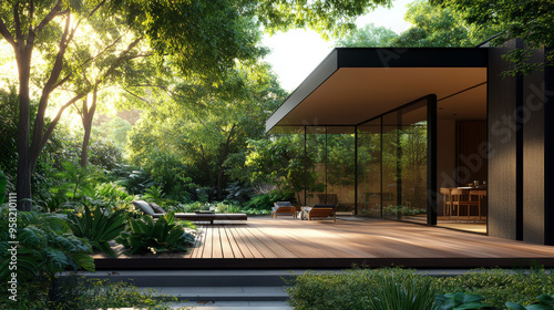 modern house, glass facade, wooden deck, tropical garden, zen garden, outdoor furniture, contemporary architecture, realistic lighting, vibrant green foliage, minimalistic design, ultra-realistic phot