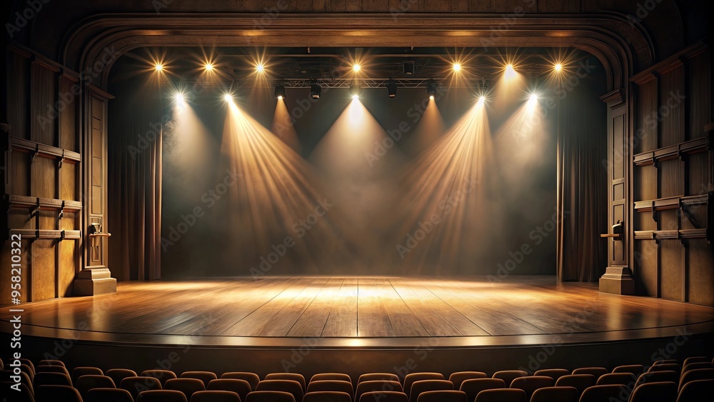 Dramatic lighting on an empty theater stage casting shadows, creating a ...