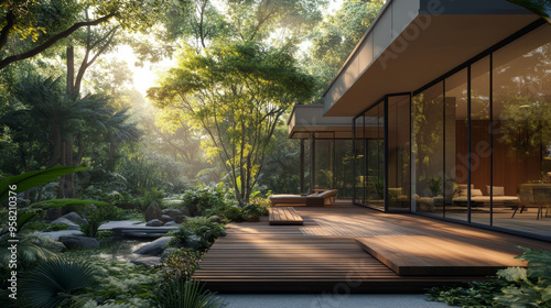 modern house, glass facade, wooden deck, tropical garden, zen garden, outdoor furniture, contemporary architecture, realistic lighting, vibrant green foliage, minimalistic design, ultra-realistic phot