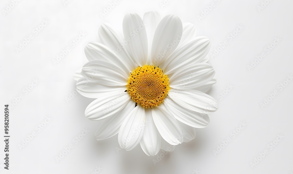 One white daisy flower isolated on white background. Flat lay, top view. Floral pattern, object. One white daisy flower isolated on white background. Flat lay, top view. Floral pattern, object.