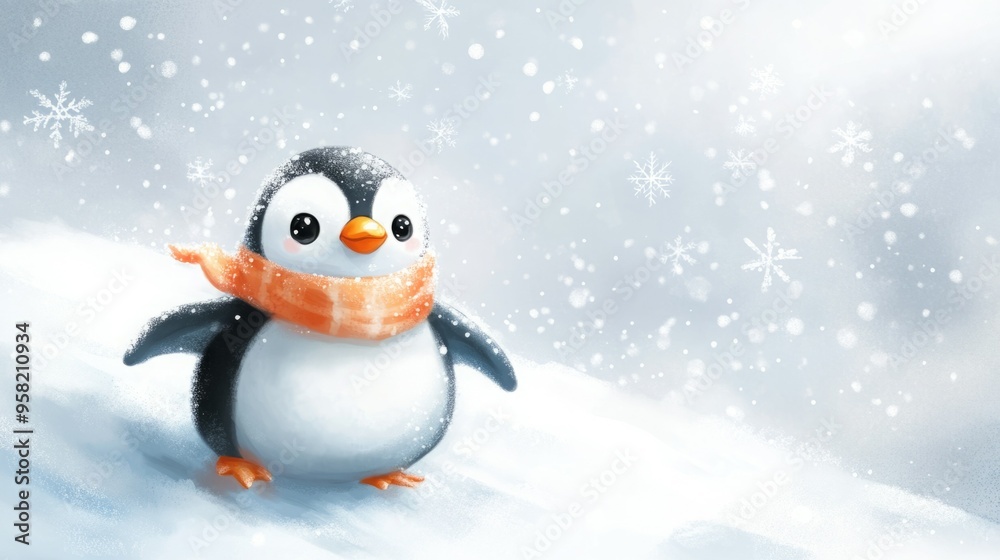 Cute penguin in the snow wearing a scarf. Cute penguin in the snow wearing a scarf.
