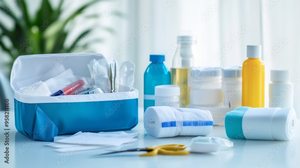 Close-up of a first aid kit open on a table, with bandages, antiseptic wipes, scissors, and medical gloves neatly arranged, bright and clean environment Close-up of a first aid kit open on a table, with bandages, antiseptic wipes, scissors, and medical gloves neatly arranged, bright and clean environment