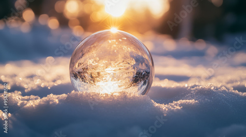 A sparkling quartz ball rests on a snowy landscape, the winter evening blurred in the background. It's a magical time for spiritual healing and crystal practices, perfect for winter solstice rituals.