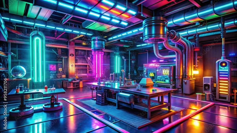 neon glow futuristic laboratory cutting edge equipment intricate wiring complex machinery bright bold colors futuristic sci fi atmosphere