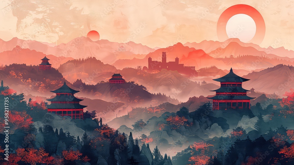 Illustration Of China Landmarks, Generative AI Illustration Of China Landmarks, Generative AI