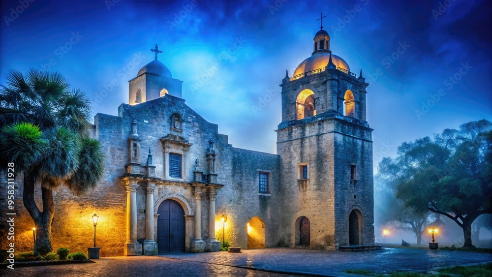 haunting san antonio missions by moonlight convey solemn reverence with cool blue tones and subtle misty atmosphere haunting san antonio missions by moonlight convey solemn reverence with cool blue tones and subtle misty atmosphere
