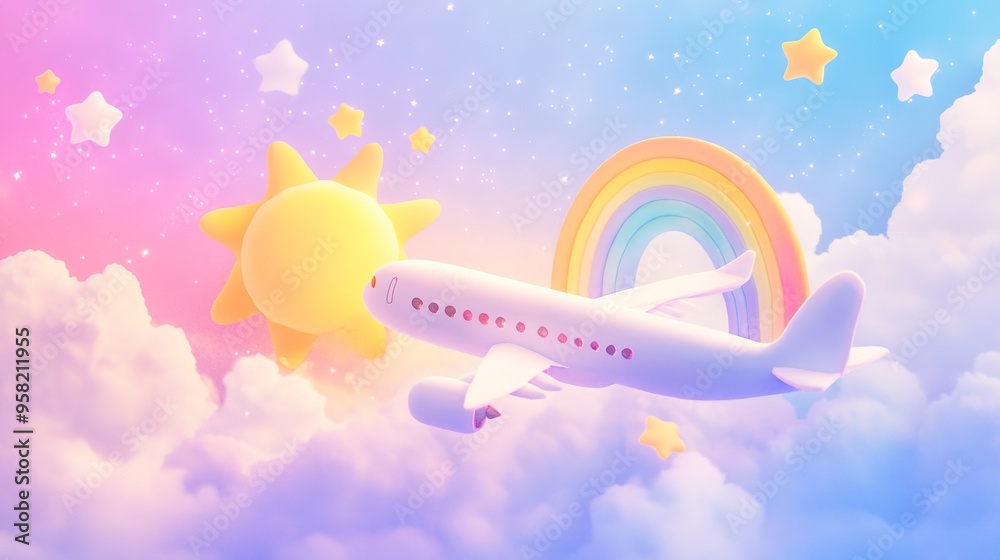 Naklejka premium Plush Airplane Soaring in the Sky Surrounded by Plush Sun, Clouds, Rainbow, Stars, and Nebulae. The Scene Features Handcrafted Details, Color Gradients, and a Warm Plush Art Style with Soft Interplay