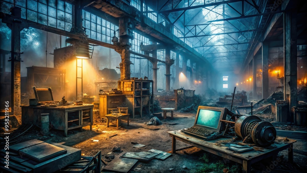moody atmospheric dimly lit abandoned industrial site with old computer parts and rusted machinery surrounded by eerie fog expressing sense of decay and neglect moody atmospheric dimly lit abandoned industrial site with old computer parts and rusted machinery surrounded by eerie fog expressing sense of decay and neglect