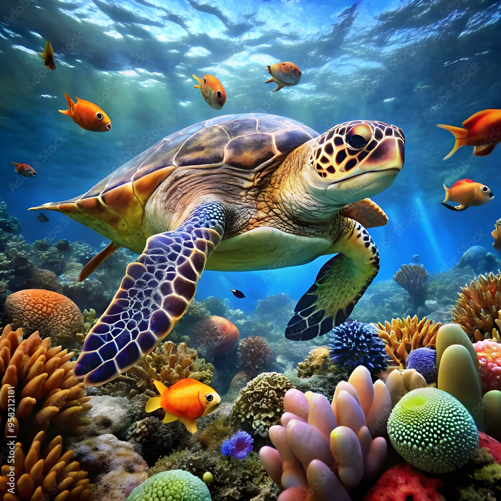 close up turtle swimming under a sea full of coral close up turtle swimming under a sea full of coral
