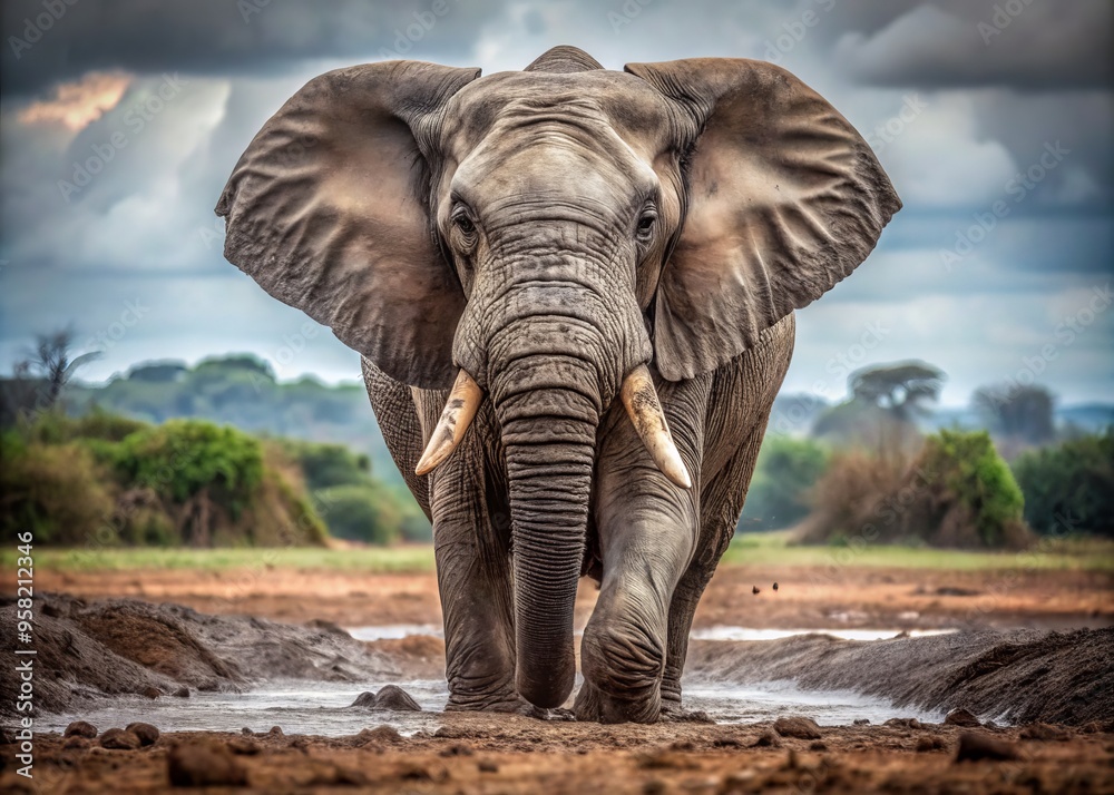 Fototapeta premium a photo image of a massive gray elephant with a scowl on its face, ears flapped back, and trunk curled in a snarl, standing in a muddy terrain