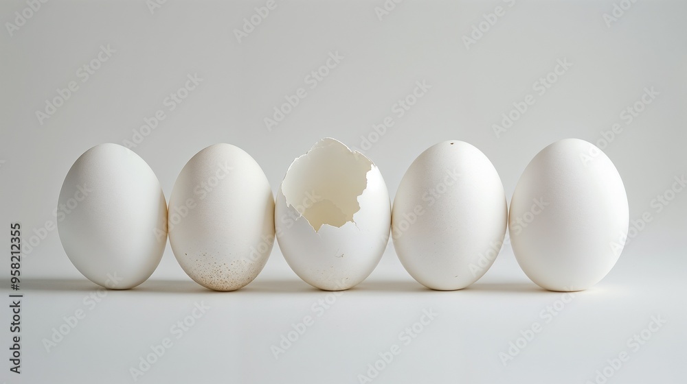 A row of white eggs with one broken, showing its contents A row of white eggs with one broken, showing its contents