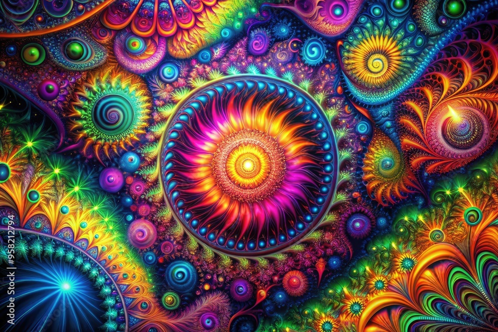 Digital Psychedelia Electric Brain Expansion Vibrant Neon Fractal Patterns Intense Emotional Overload