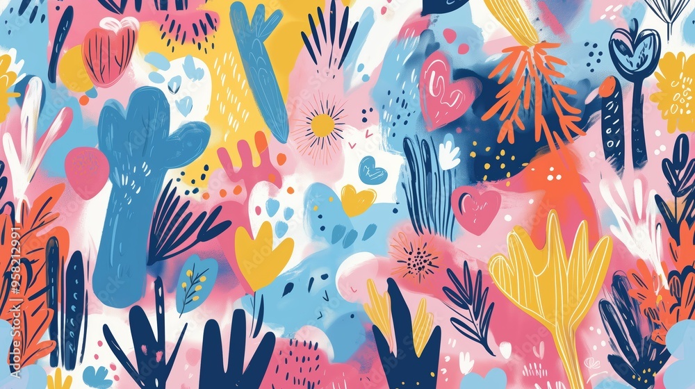 Fototapeta premium A vibrant abstract pattern featuring playful botanical shapes in bold colors like pink, blue, and yellow, creating a lively and dynamic visual.