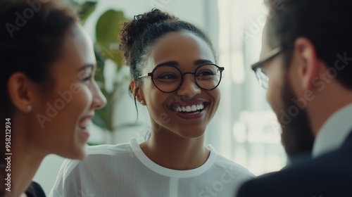 Two women and a man are seen laughing and exchanging ideas during an informal meeting in a bright, open workspace. The setting emphasizes creativity, collaboration, and a supportive team culture.