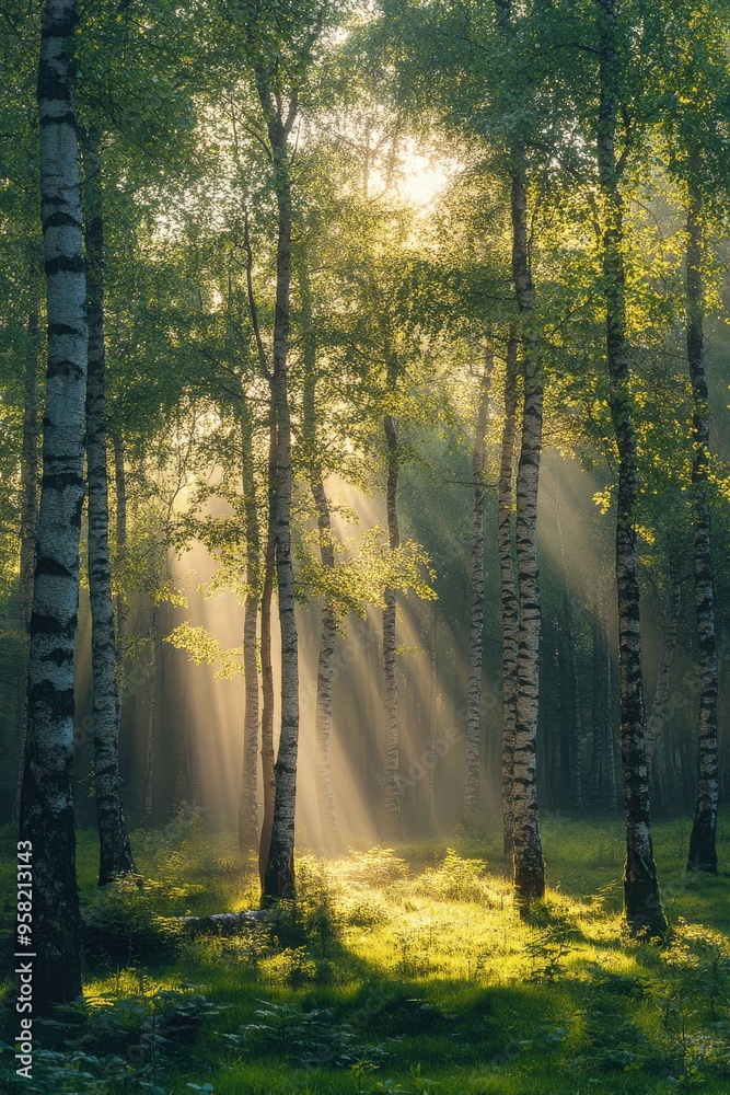 Fototapeta premium Serene Forest with Sun Rays and Mist