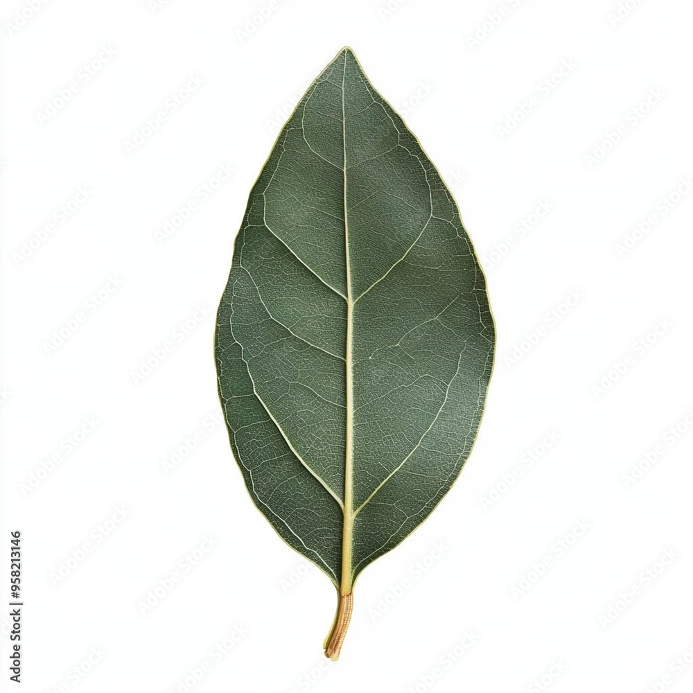 Single green bay leaf isolated on a white background. The leaf has a detailed vein pattern, and the stem is attached. Single green bay leaf isolated on a white background. The leaf has a detailed vein pattern, and the stem is attached.
