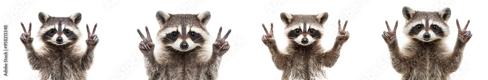 On a white background, a funny raccoon is showing a peace sign On a white background, a funny raccoon is showing a peace sign