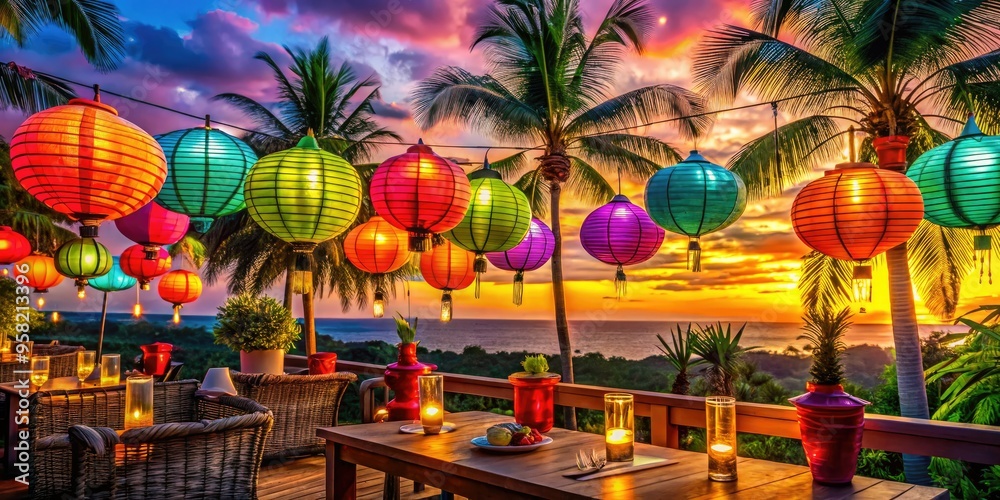 vibrant tropical deck sunset party with colorful lanterns palm trees umbrella drinks bright warm colors bold shadows high contrast fun lively atmosphere vibrant tropical deck sunset party with colorful lanterns palm trees umbrella drinks bright warm colors bold shadows high contrast fun lively atmosphere