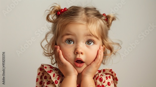 Studio portrait of a surprised toddler girl. Child facilities advertising concept.