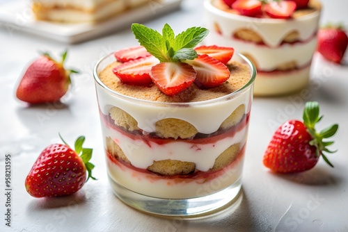 Close-up of a gourmet strawberry tiramisu in a glass, featuring intricate layers of ladyfingers dipped in homemade syrup and topped with fresh mint leaves ideal for dessert menus, restaurant promotion