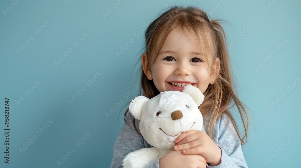 Studio portrait of a toddler girl with a plush teddy bear toy. Child facilities advertising concept. AI generated image Studio portrait of a toddler girl with a plush teddy bear toy. Child facilities advertising concept. AI generated image