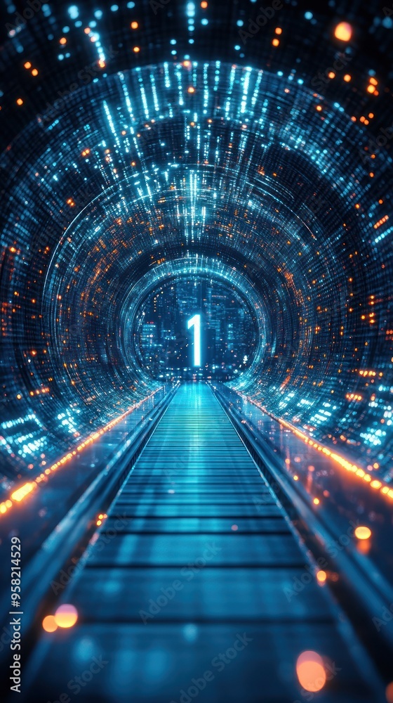 Futuristic, neon-lit tunnel with a prominent number 1 Futuristic, neon-lit tunnel with a prominent number 1