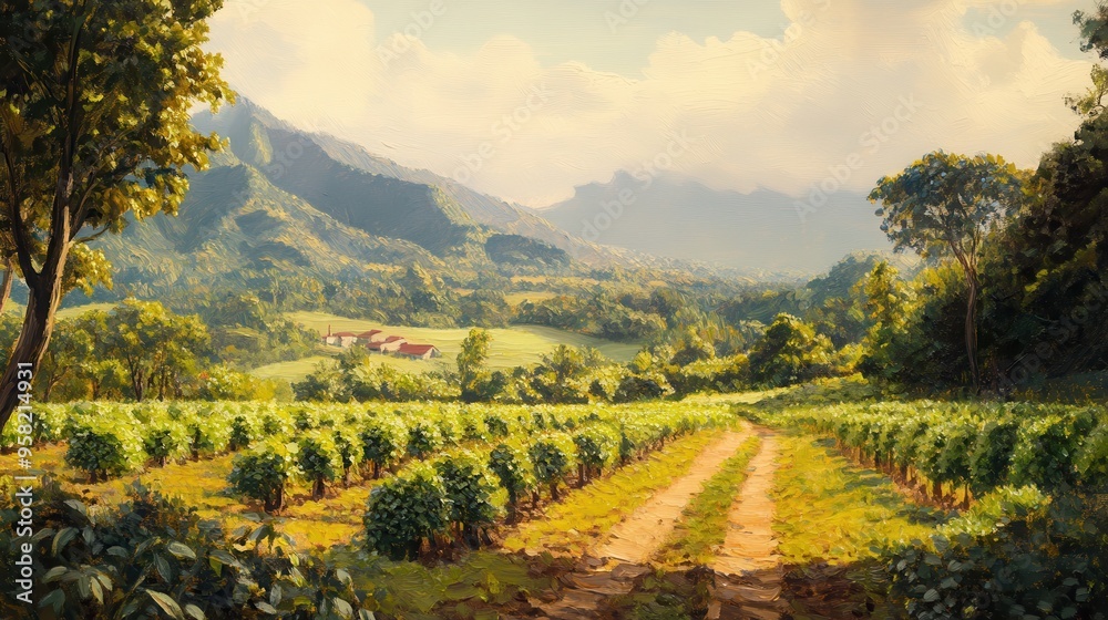 Fototapeta premium Serene Avocado Farm: Organic Beauty in Classic Painting Style