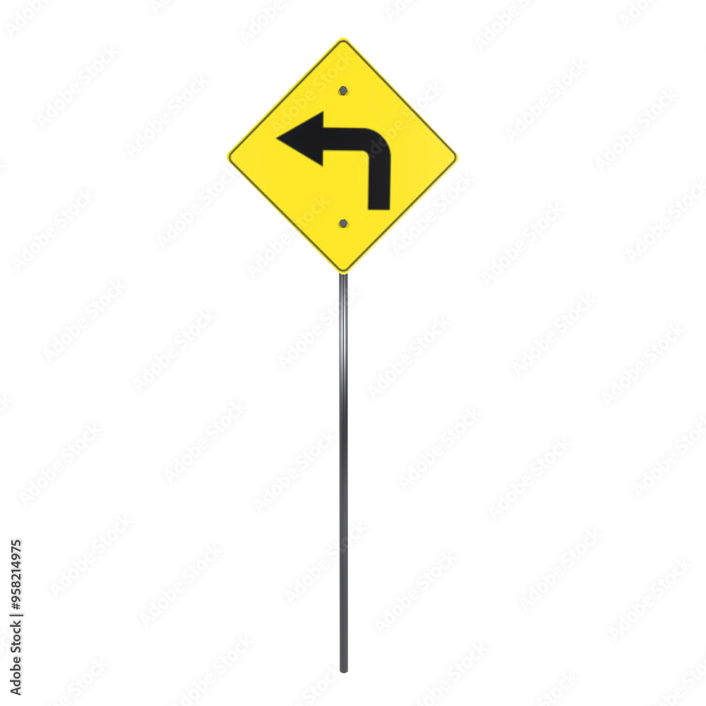 Curved road sign indicating a left turn in a simplified 3D rendering Curved road sign indicating a left turn in a simplified 3D rendering