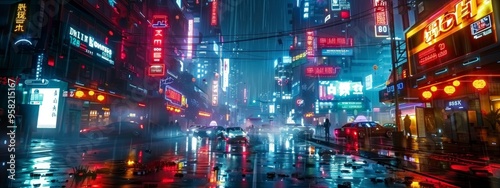 Futuristic cityscape with neon lights in a cyberpunk environment. photo