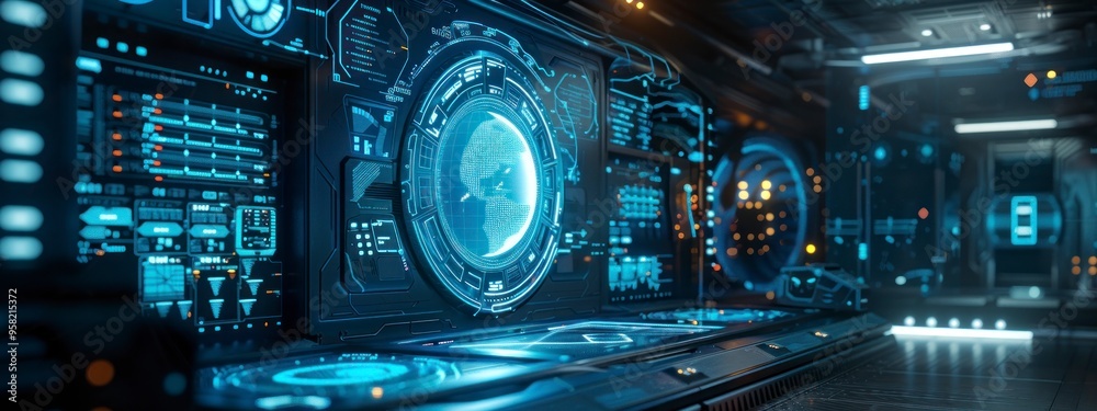 Fototapeta premium Holographic interface with floating data in a high-tech lab environment.