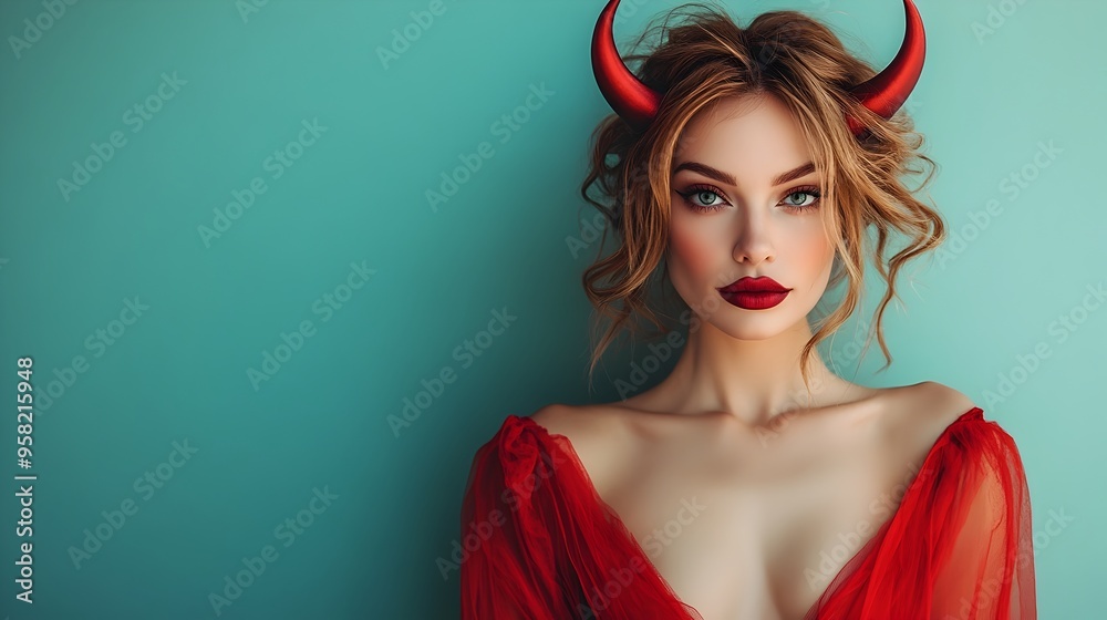 Alluring Devil Woman in Red Costume with Horns for Halloween Portrait Alluring Devil Woman in Red Costume with Horns for Halloween Portrait