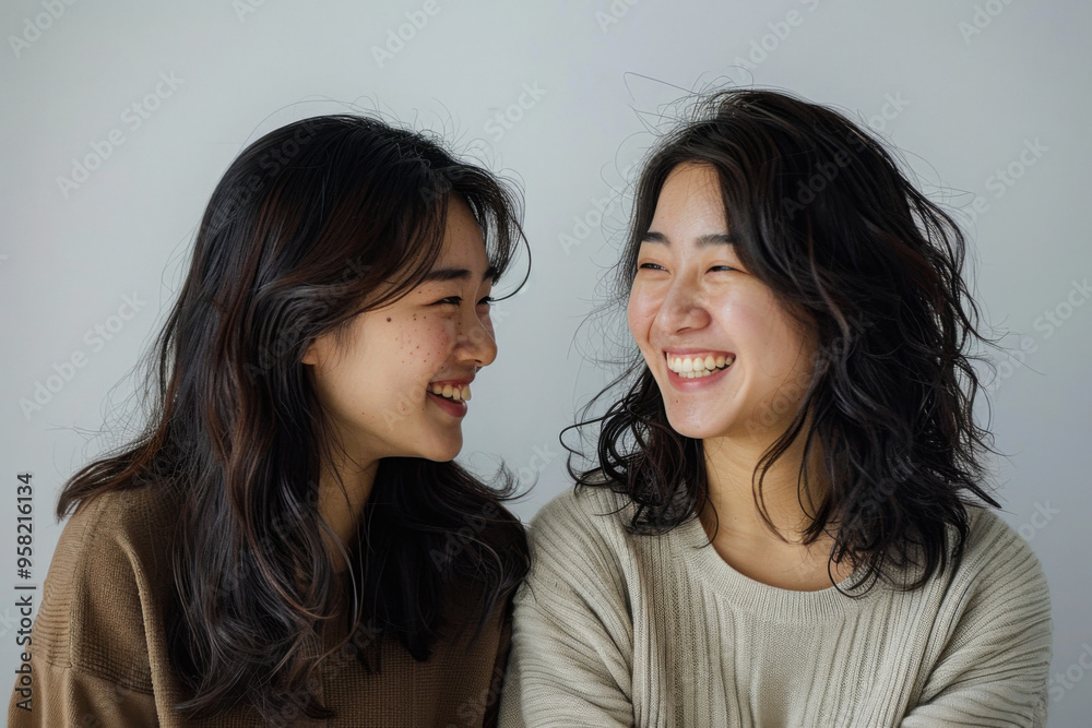 Two women smiling and looking at each other Two women smiling and looking at each other