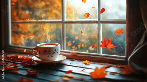 A warm cup of coffee,  watching colorful leaves fall outside the window – it's a perfect cozy autumn scene. photo