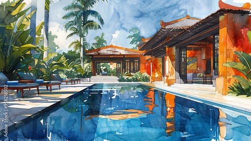 Urban gouache sketch of an Villa poolside. AI generated image