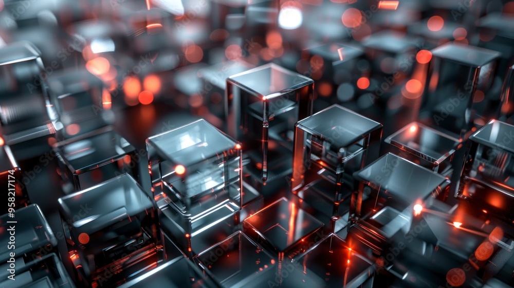 Fototapeta premium Interconnected cubes with metallic textures and reflective surfaces.