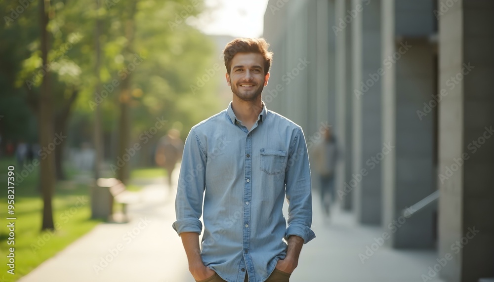 Fototapeta premium Full Portrait of a male college student in shirt and jeans at campus looking at camera people