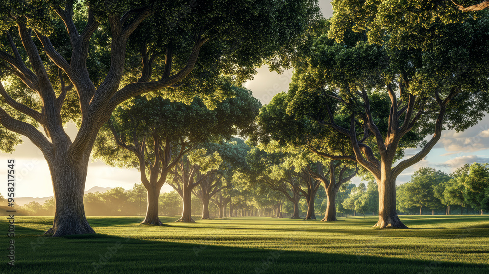 Asian landscape, tall ancient trees, broad canopies, clear blue sky, soft white clouds, no orange sunlight, neutral daylight, peaceful, harmonious, serene, nature, open land, no buildings Asian landscape, tall ancient trees, broad canopies, clear blue sky, soft white clouds, no orange sunlight, neutral daylight, peaceful, harmonious, serene, nature, open land, no buildings