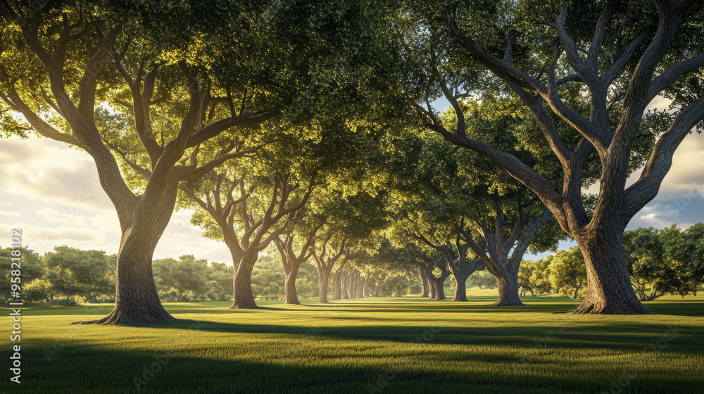 Asian landscape, tall ancient trees, broad canopies, clear blue sky, soft white clouds, no orange sunlight, neutral daylight, peaceful, harmonious, serene, nature, open land, no buildings Asian landscape, tall ancient trees, broad canopies, clear blue sky, soft white clouds, no orange sunlight, neutral daylight, peaceful, harmonious, serene, nature, open land, no buildings