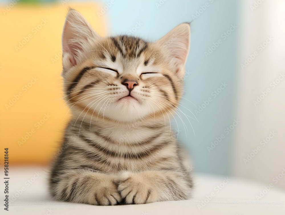 Obraz premium Cute Tabby Kitten with Closed Eyes and Paws Together