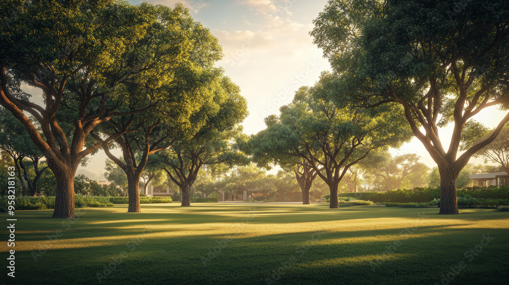 Asian landscape, tall ancient trees, broad canopies, clear blue sky, soft white clouds, no orange sunlight, neutral daylight, peaceful, harmonious, serene, nature, open land, no buildings Asian landscape, tall ancient trees, broad canopies, clear blue sky, soft white clouds, no orange sunlight, neutral daylight, peaceful, harmonious, serene, nature, open land, no buildings