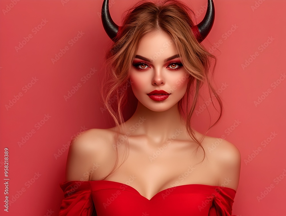 Bewitching Red Devil Woman in Dramatic Conceptual Portrait Bewitching Red Devil Woman in Dramatic Conceptual Portrait