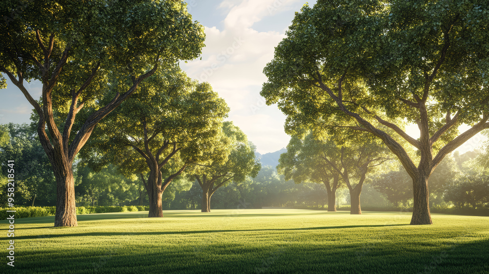 Asian landscape, tall ancient trees, broad canopies, clear blue sky, soft white clouds, no orange sunlight, neutral daylight, peaceful, harmonious, serene, nature, open land, no buildings Asian landscape, tall ancient trees, broad canopies, clear blue sky, soft white clouds, no orange sunlight, neutral daylight, peaceful, harmonious, serene, nature, open land, no buildings