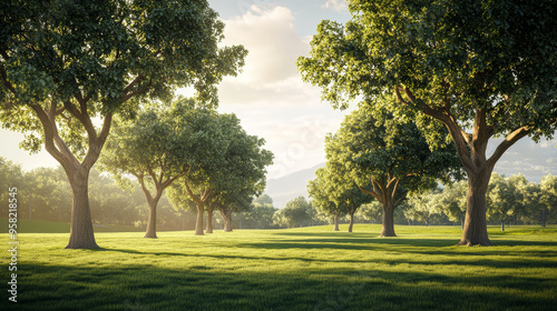 Asian landscape, tall ancient trees, broad canopies, clear blue sky, soft white clouds, no orange sunlight, neutral daylight, peaceful, harmonious, serene, nature, open land, no buildings photo