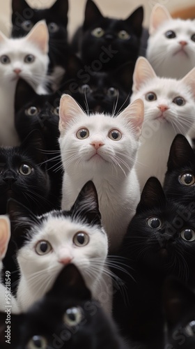 Group of adorable black and white cats staring upwards