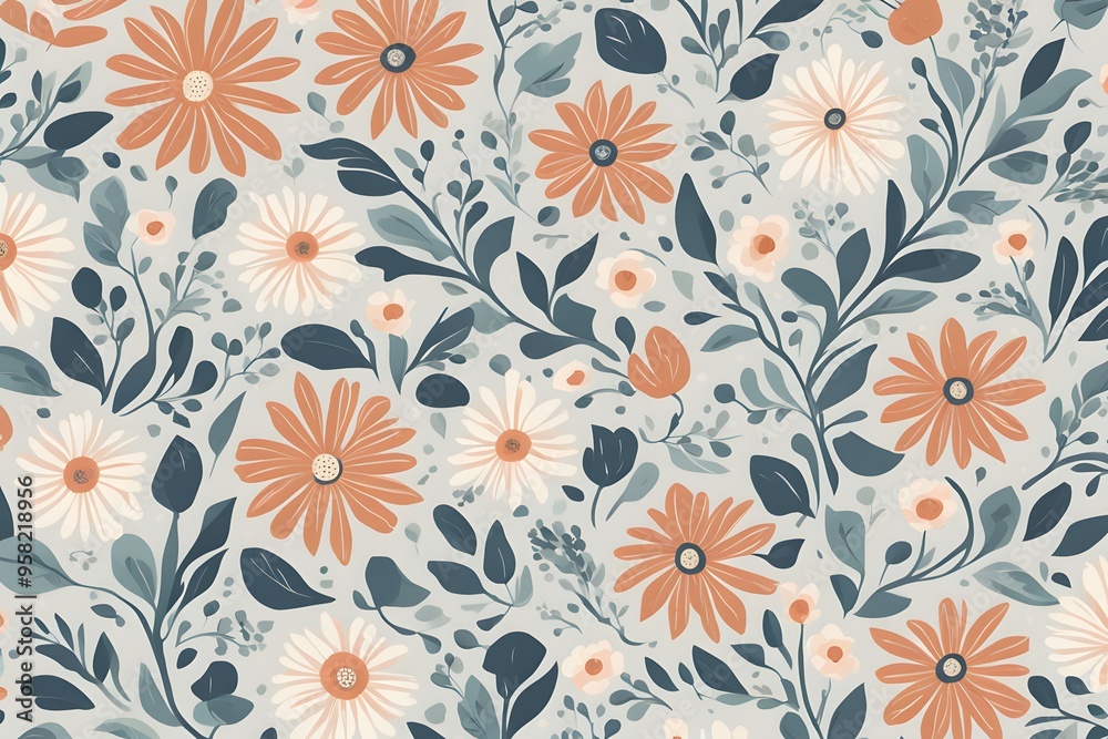 A crisp clean floral pattern with simple stylized flowers in a limited color palette, AI Generated A crisp clean floral pattern with simple stylized flowers in a limited color palette, AI Generated