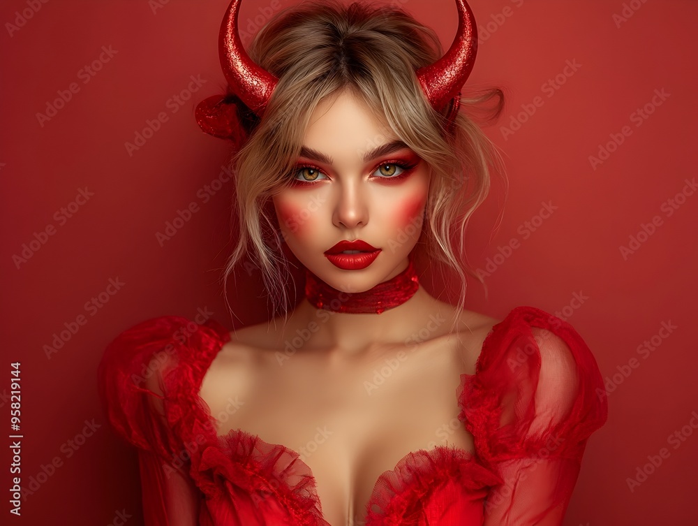 Alluring Devil Woman in Red Captured in Captivating Halloween Portrait Alluring Devil Woman in Red Captured in Captivating Halloween Portrait