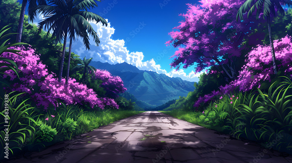 Fototapeta premium Countryside Roads Landscape Anime Style