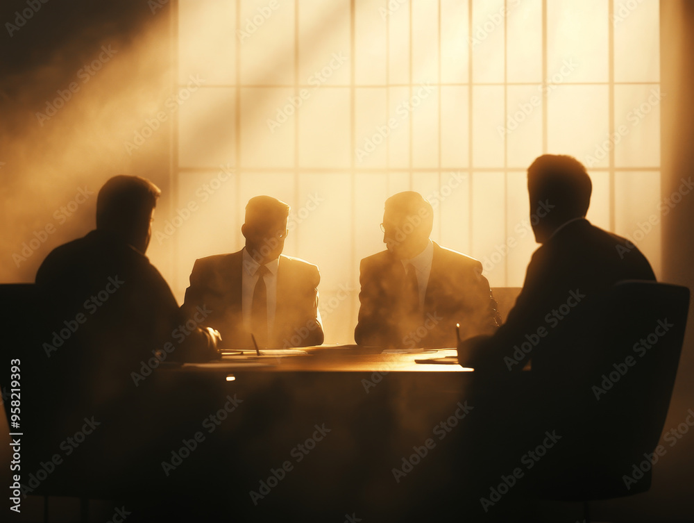 A group of business professionals engaged in serious meeting, illuminated by soft light and surrounded by misty atmosphere, creating dramatic and focused ambiance. A group of business professionals engaged in serious meeting, illuminated by soft light and surrounded by misty atmosphere, creating dramatic and focused ambiance.